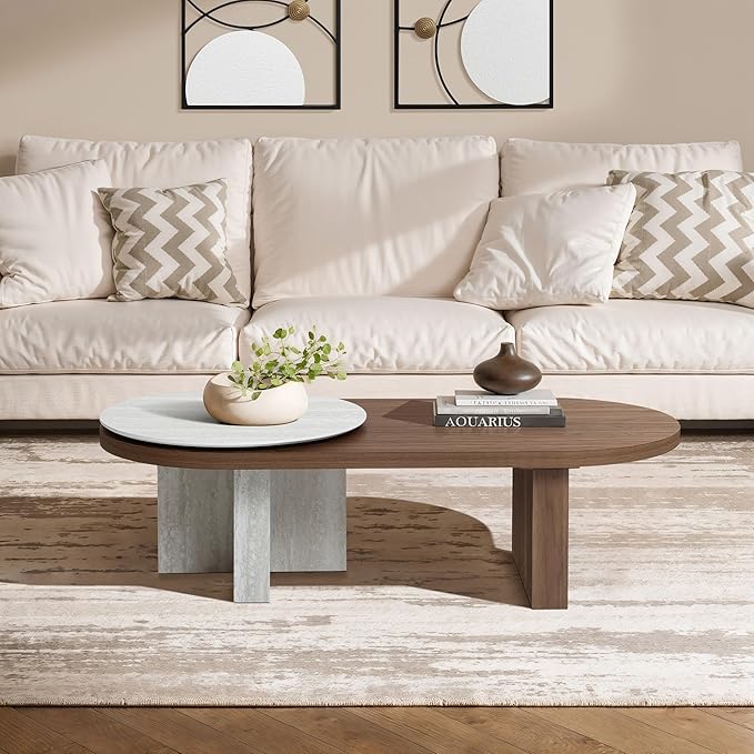 LuxenHome Oval Coffee Table, 47'' Mid Century Modern Walnut Finish Coffee Table for Living Room, Home Or Office, Farmhouse Travertine-Style Unique Wood Accent Center Tables for Small Space