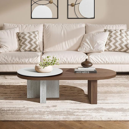 LuxenHome Oval Coffee Table, 47'' Mid Century Modern Walnut Finish Coffee Table for Living Room, Home Or Office, Farmhouse Travertine-Style Unique Wood Accent Center Tables for Small Space