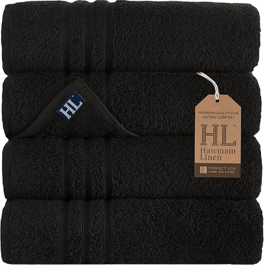 Hawmam Linen Black Bath Towels 4-Pack - 27x54 Soft and Absorbent, Premium Quality Perfect for Daily Use 100% Cotton Towel 600 GSM