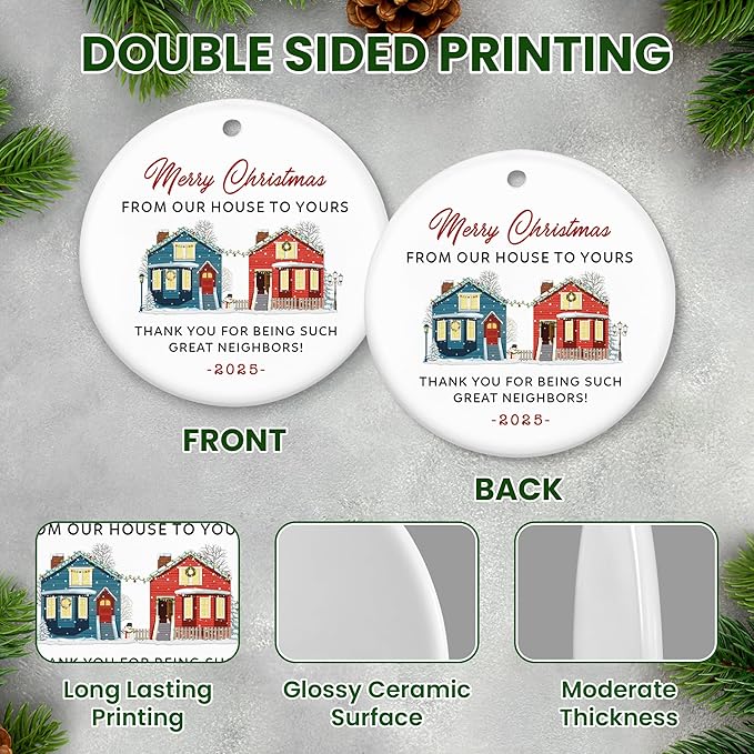 Christmas Neighbor Gifts for Women Men - Ceramic Christmas Ornaments 2025 with Card for Tree Decorations - Friend Gifts for Neighbors, Ornaments for Neighbors, Awesome Neighbor Gift for Friend