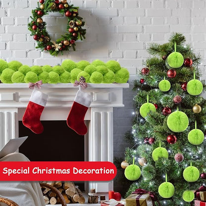 24 Pcs Green Furry Christmas Ball Ornaments for Tree 2.36/3.15/3.94 Inches Pom Pom Ball Christmas Hanging Decoration for Party Supplies Fireplace Mantel Wall Decor