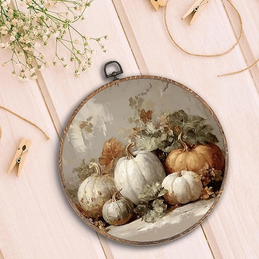 Hxlac Vintage Fall Pumpkin Maple Leaves Round Wall Art Framed, Fall Halloween Pumpkin Round Wall Decor, Vintage Autumn Hanging Canvas Prints Wall Sculptures for Farmhouse Home Decor, 10x10 Inch