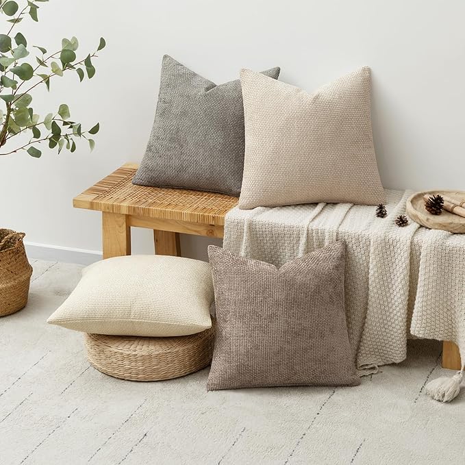 MIULEE Pack of 4 Christmas Throw Pillow Covers 16x16 Inch Neutral Beige/Brown Soft Decorative Chenille Pillow Covers Farmhouse Accent Cushion Covers for Boho Home Decor Bedroom Living Room