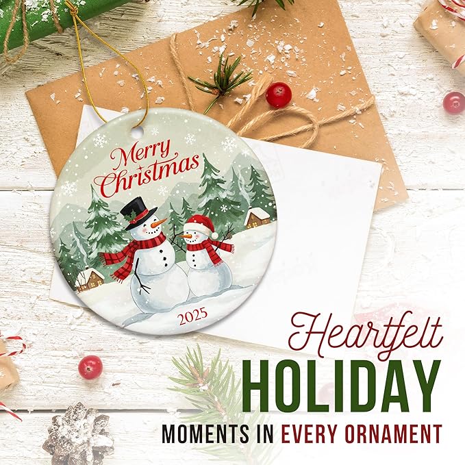 ZAGKOO Snowman Christmas Ornament 2025 - Merry Christmas Dated 2025 Ornaments for Tree, Beautiful Snowman Gifts for Family, Friends, Coworkers - Ceramic Hanging Ornament for Holiday Decoration