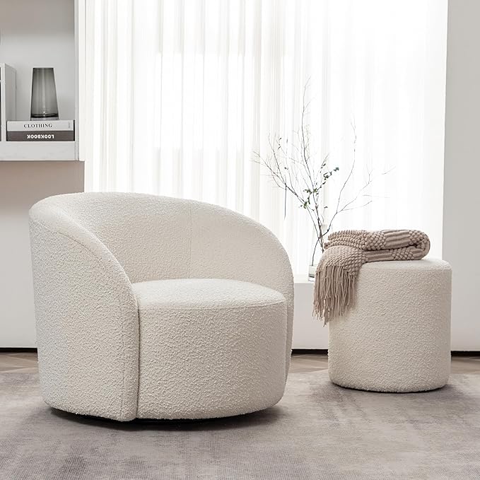 KINWELL 34" Boucle Swivel Barrel Chair with 18" Round Ottoman Set, Fully Assembled Set of Sherpa Accent Chair and Footrest, Modern Comfy Armchair and Footstool for Living Room and Bedroom, Cream