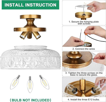 Lamomo Semi Flush Mount Ceiling Light, 3-Bulb Hallway Light Fixture, Antique Brass Gold Globe Glass Close to Ceiling Scone,Indoor Hanging Lantern for Bedroom Kitchen Porch Hallway,Bulbs Not Included