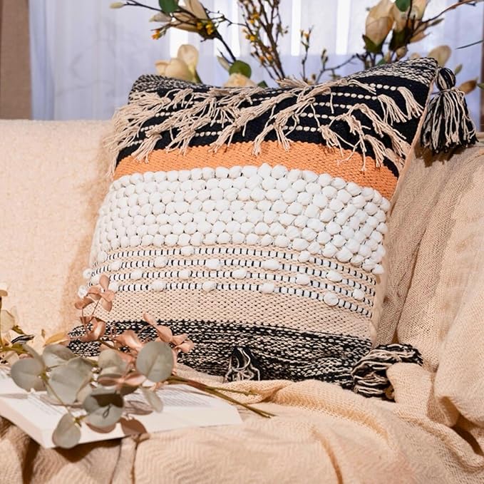 Throw Boho Pillow Cover, 18”x18” Bohemian Moroccan Rustic Decorative Pillows with Tufted Accents, Plush Handwoven Cotton, Textured Woven Neutral Farmhouse Scandinavian Home Decor