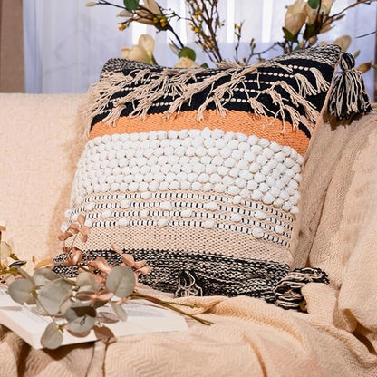 Throw Boho Pillow Cover, 18”x18” Bohemian Moroccan Rustic Decorative Pillows with Tufted Accents, Plush Handwoven Cotton, Textured Woven Neutral Farmhouse Scandinavian Home Decor