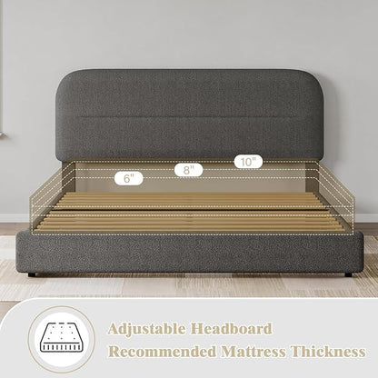 HOMBCK Queen Bed Frame Upholstered Boucle with Headboard/Thickened Footboard/Rounded Corners/No Box Spring Needed/Easy Assembly, Grey
