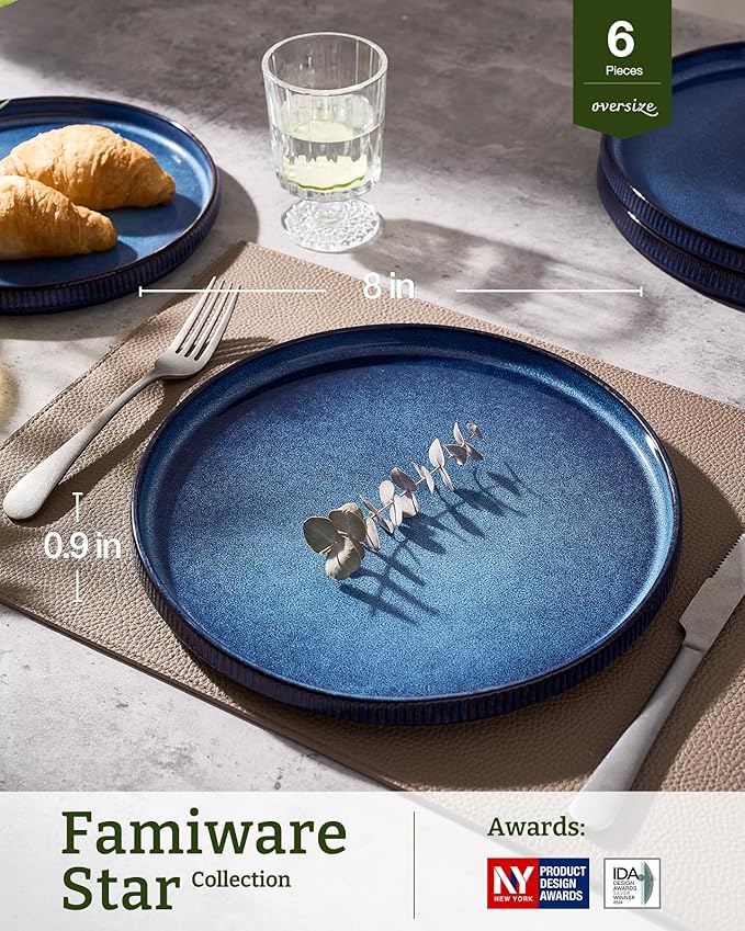 famiware Star Salad Plates for 6, 8 inches Plate Set, Stoneware Dinnerware, Small Dinner Plates for Dessert, Salad, Appetizer, Nebulas Blue
