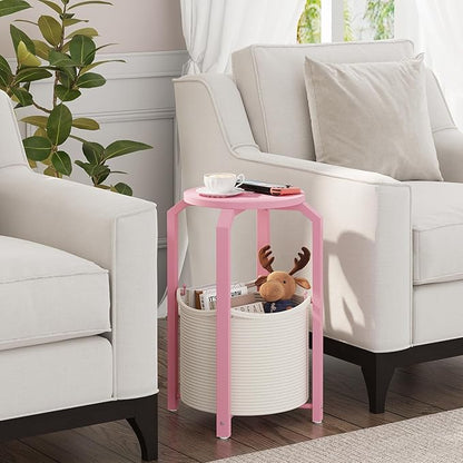 TUTOTAK Small Side Table, Round End Table, Night Stand, Bedside Table, Set of 2, Sofa Table with Storage Basket, Living Room, Bed Room, Pink TB01BP0922
