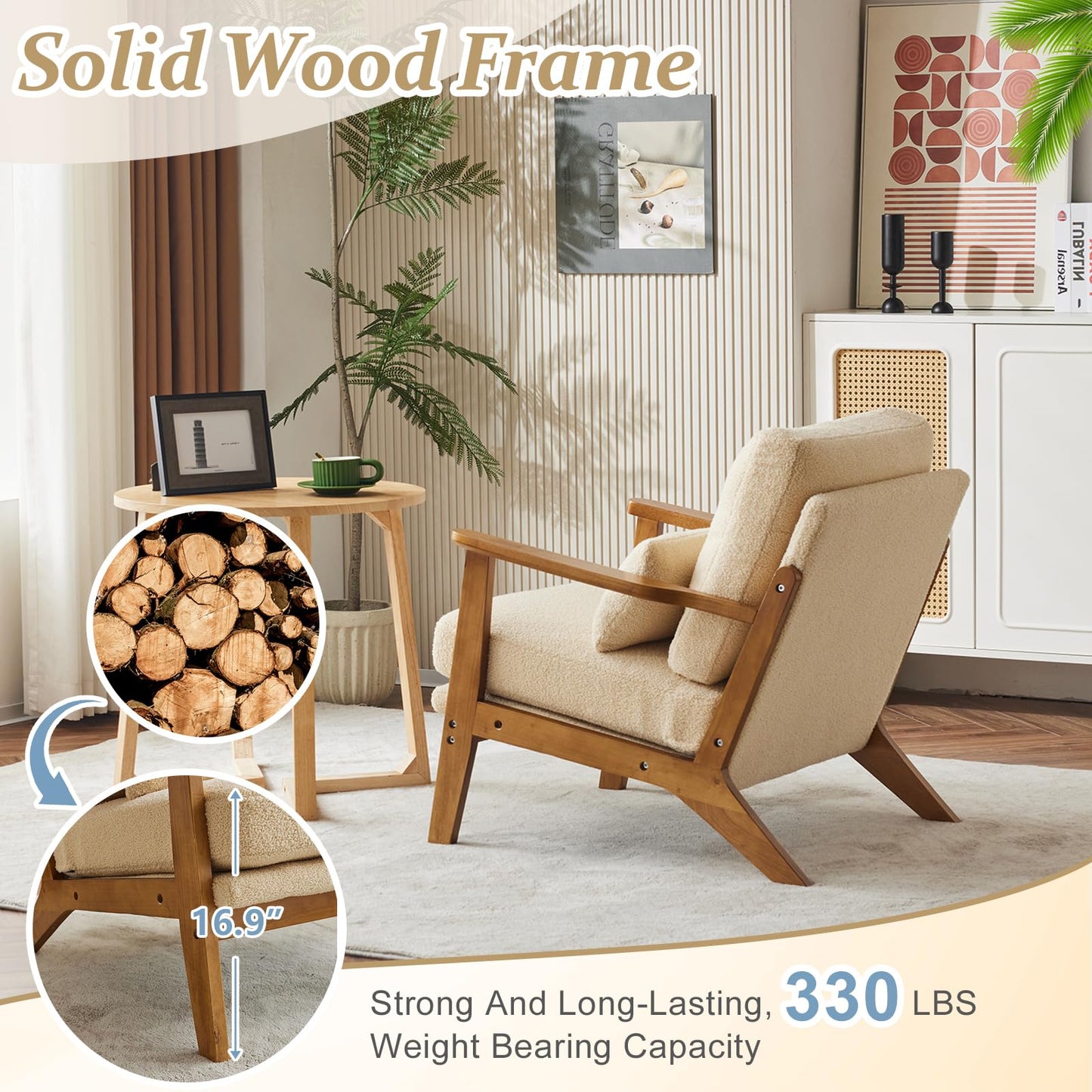 VINGLI Solid Wood Wide Armrests Accent Chair,Upholstered Mid Century Modern Chair with Pillow,Comfy Reading Chair Farmhouse Arm Chair,Chairs Living Room,Bedroom,Guest Room,Teddy Fleece,Khaki