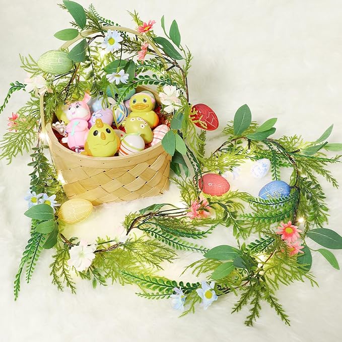 LOMIMOS 6.7FT Easter Lighted Garland,Artificial Spring Vine Branche with Easter Egg Berries Flower for Mantle Fireplace Home Table Party Decoration