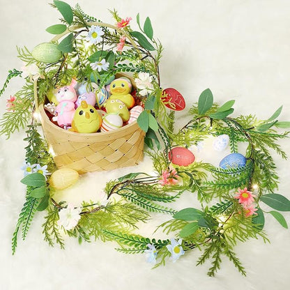 LOMIMOS 6.7FT Easter Lighted Garland,Artificial Spring Vine Branche with Easter Egg Berries Flower for Mantle Fireplace Home Table Party Decoration