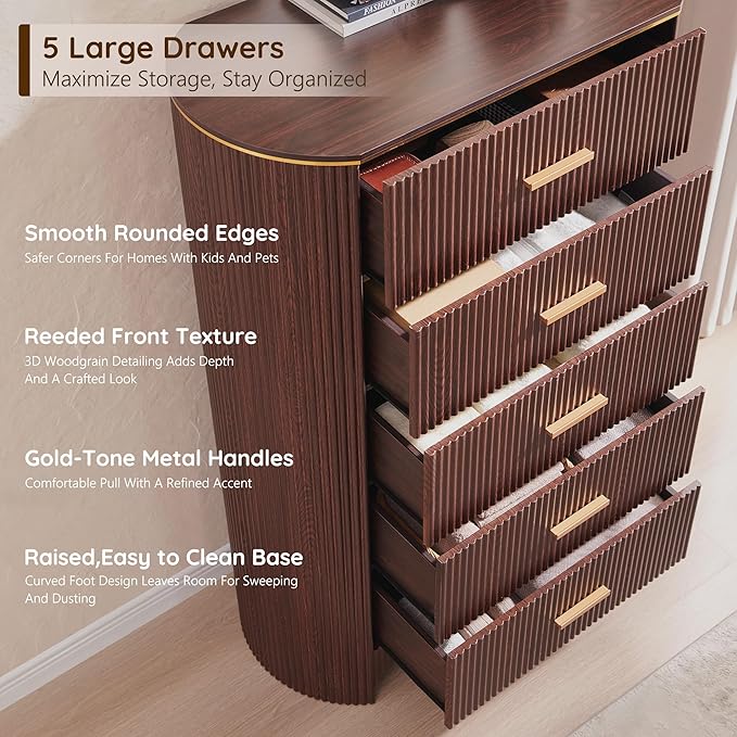 Fluted 5 Drawer Tall Dresser with Curved Profile,47.8" Tall Drawers with Reeded Texture,Gold Handles Storage Organizer Cabinet for Bedroom,Living Room,Entryway,Brown Oak