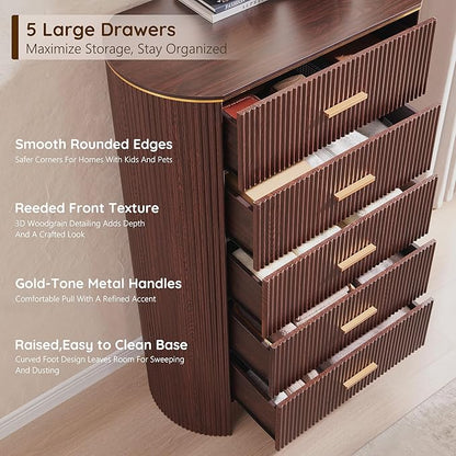 Fluted 5 Drawer Tall Dresser with Curved Profile,47.8" Tall Drawers with Reeded Texture,Gold Handles Storage Organizer Cabinet for Bedroom,Living Room,Entryway,Brown Oak