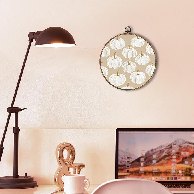 Hxlac Fall Pumpkin Round Wall Art Framed, Vintage Autumn Round Wall Decor, Fall Halloween Hanging Canvas Prints Wall Sculptures for Home Gallery Living Room Bedroom Decor, 10x10 Inch