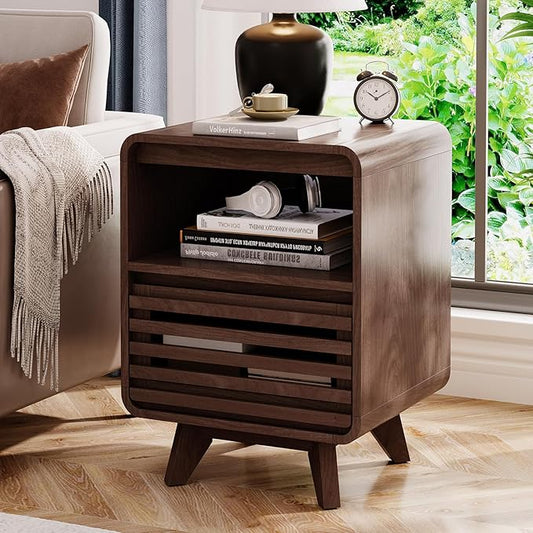 Fluted Night Stand NightstandGrille Bed Side Table End Table Large Modern Wide Bedside Stand Tall Night Stands for Bedroom Living Room Home Office, Dark Walnut
