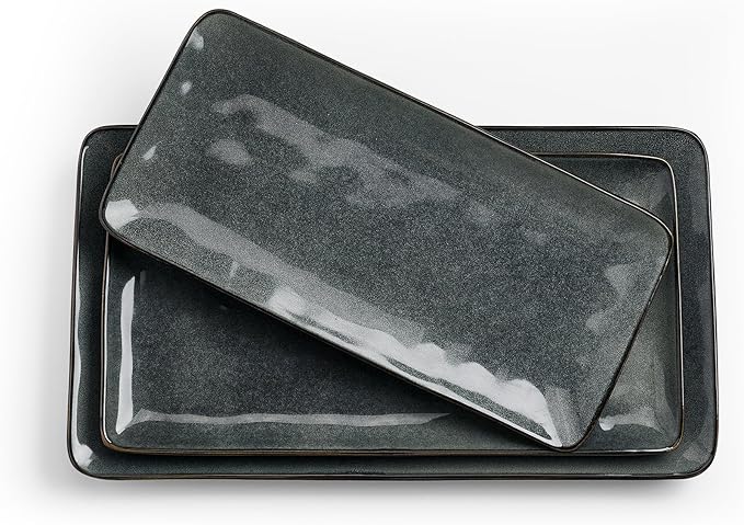 famiware Serving Platter, Rectangular 15.67/14.1/12.6inch Serving Dishes for Entertaining, Dishwasher Safe, Stoneware for Party, Food, Turkey, Snack, Cheese, Reactive Glaze, Deep Forest