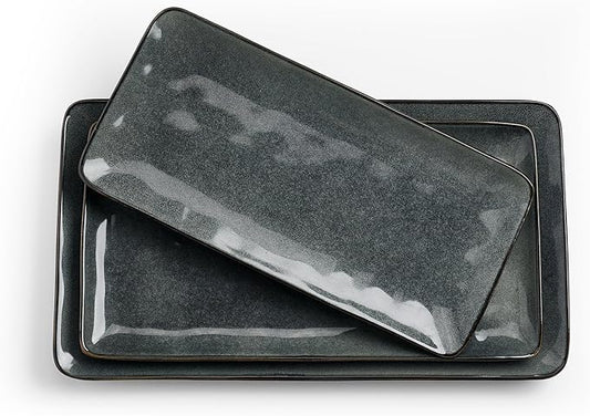 famiware Serving Platter, Rectangular 15.67/14.1/12.6inch Serving Dishes for Entertaining, Dishwasher Safe, Stoneware for Party, Food, Turkey, Snack, Cheese, Reactive Glaze, Deep Forest