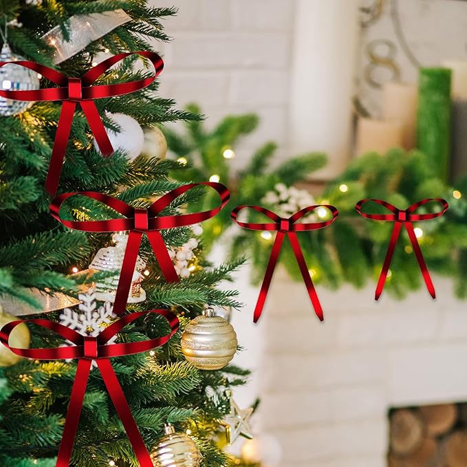 20 Pcs Christmas Metal Bow Ornaments with Clip, 5 x 6 Inch Christmas Bows Door Garland Decor Vintage Wreath Bow for Tree, Wreath, Gift Wrapping (20, Red)