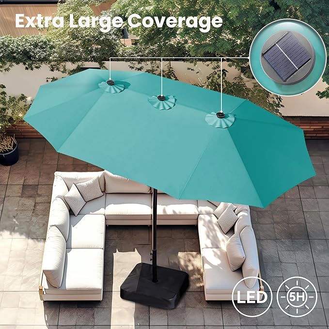 PHI VILLA 15ft Large Patio Umbrella with Solar Lights, Double-Sided Outdoor Market Rectangle Umbrellas with 36 LED Lights, Umbrella Base (Stand) Included, Turquois