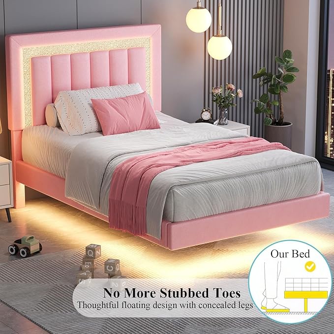 HOMBCK Floating Twin Bed Frame with Smart LED Lights, Faux Leather Upholstered Platform Bed with Diamond Headboard, No Box Spring Needed, Noise-Free, Easy Assembly, Pink