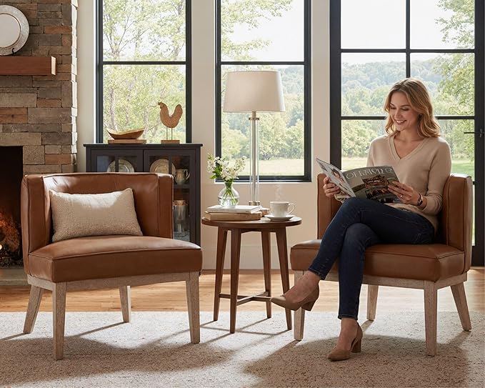 Barrel Chairs Set of 2 Mid Century Modern Accent Chairs with Solid Wood Leg Upholstered Reading Arm Chair Faux Leather Waiting Room Round Side Chairs for Small Spaces Living Room Bedroom Office, Brown