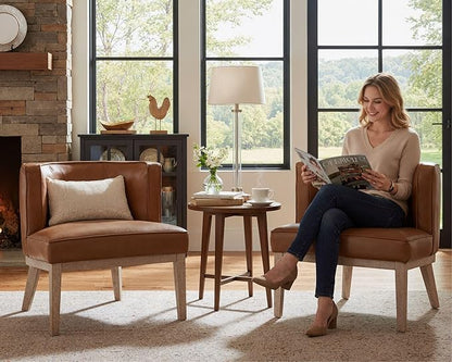 Barrel Chairs Set of 2 Mid Century Modern Accent Chairs with Solid Wood Leg Upholstered Reading Arm Chair Faux Leather Waiting Room Round Side Chairs for Small Spaces Living Room Bedroom Office, Brown