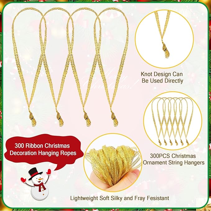 JUNEBRUSHS 300Pcs Christmas Ornament Hangers, Hand Tied String Ties, Ribbon Loops for Christmas Tree Hanging Decorations (Gold)