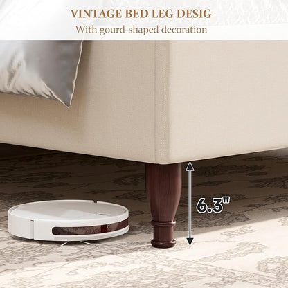 Full Size Bed Frame Upholstered Platform Bed with 51" Tall Headboard Wingback, Soft Fabric, Retro Simple Style Platform Bed No Box Spring Needed, Easy Assembly, Beige