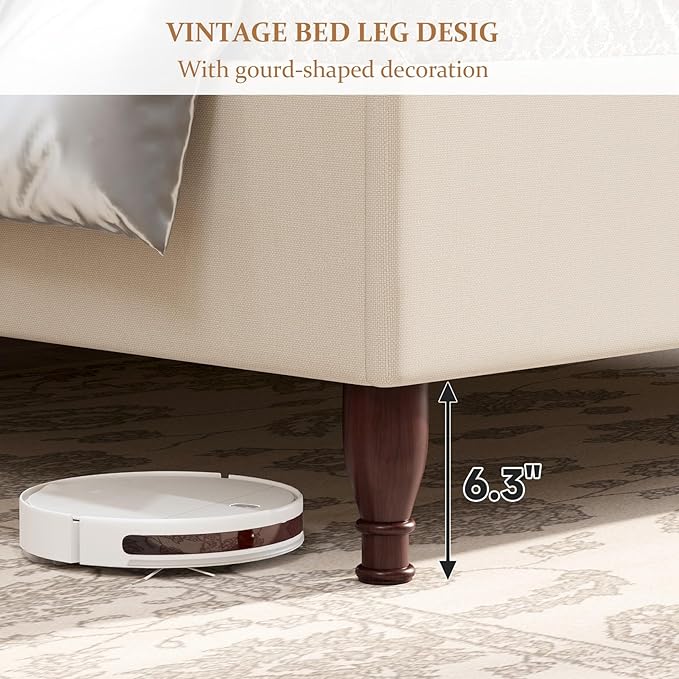 King Size Bed Frame Upholstered Platform Bed with 51" Tall Headboard Wingback, Soft Fabric, Retro Simple Style Platform Bed No Box Spring Needed, Easy Assembly, Beige