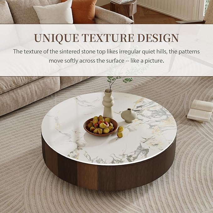 35.43" Modern Coffee Table for Living Room, Round Coffee Table with Storage Drawer, Sintered Stone Top with Metal Base, NO Assembly Living Room Table Tea Table for Home Office