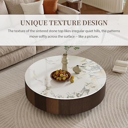 35.43" Modern Coffee Table for Living Room, Round Coffee Table with Storage Drawer, Sintered Stone Top with Metal Base, NO Assembly Living Room Table Tea Table for Home Office