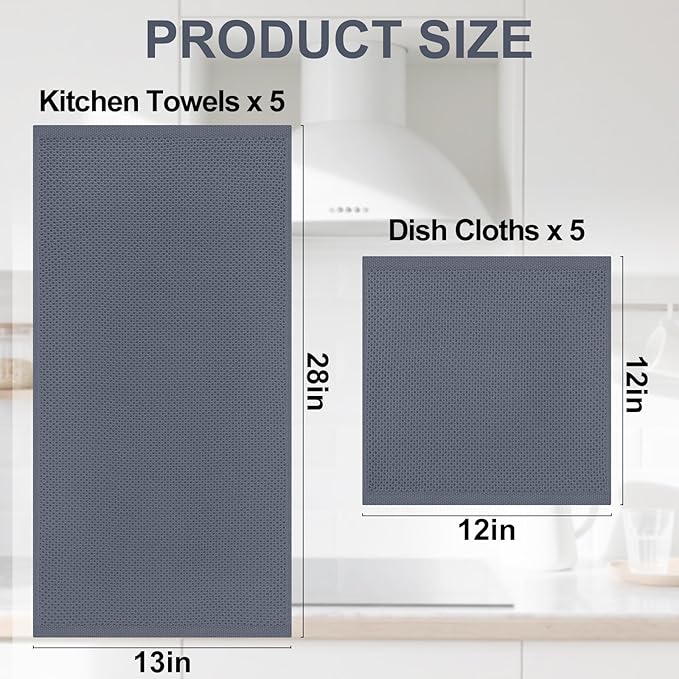 Homaxy 100% Cotton Kitchen Towels and Dishcloths Set, 12 x 12 Inches and 13 x 28 Inches, Set of 10 Bulk Kitchen Towels Set, Ultra Soft Absorbent Dish Cloths for Washing Dishes, Dark Grey