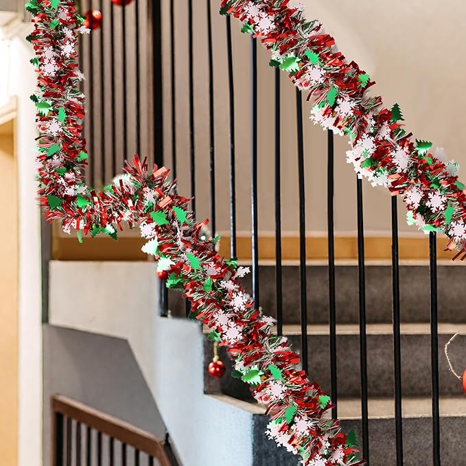 LOAVER 33 FT Christmas Tinsel Garland with Snowflake Christmas Tree,Green Red Metallic Tinsel Twist Garland Shiny Hanging Decoration for Xmas Tree Party Supplies Stair Railing Indoor Outdoor Decor