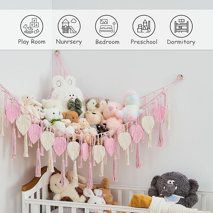 Pretty Jolly Stuffed Animal Storage with Hand Woven Leaf Tassels Hammock Corner Hanging Net Boho Macrame Plush Storage for Kid Room Nursery Wall Display Organizer for Girls Boy Gift(Light Pink)