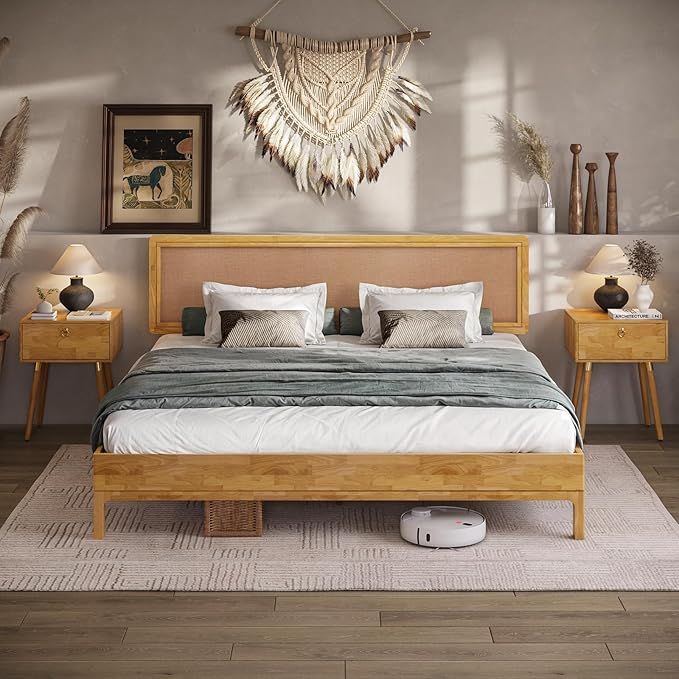 Bme Nipe Bed Frame with Headboard, Bohemian and Mid-Century Modern Style, Solid Rubber Wood Platform Bed with Slat Support, No Box Spring Needed, Easy Assembly, King - Light Natural