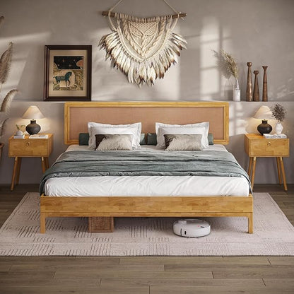 Bme Nipe Bed Frame with Headboard, Bohemian and Mid-Century Modern Style, Solid Rubber Wood Platform Bed with Slat Support, No Box Spring Needed, Easy Assembly, King - Light Natural