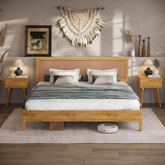 Bme Nipe Bed Frame with Headboard, Bohemian and Mid-Century Modern Style, Solid Rubber Wood Platform Bed with Slat Support, No Box Spring Needed, Easy Assembly, King - Light Natural