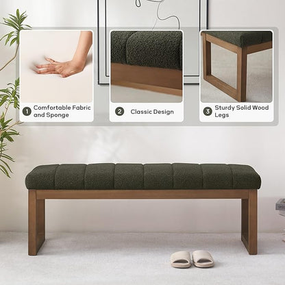 52.7" Bedroom Bench for End of Bed, Modern Upholstered Teddy Fabric Entryway Bench & Dining Bench, Footrest Stool Bench with Solid Wood Frame for Bedroom, Living Room (Green)