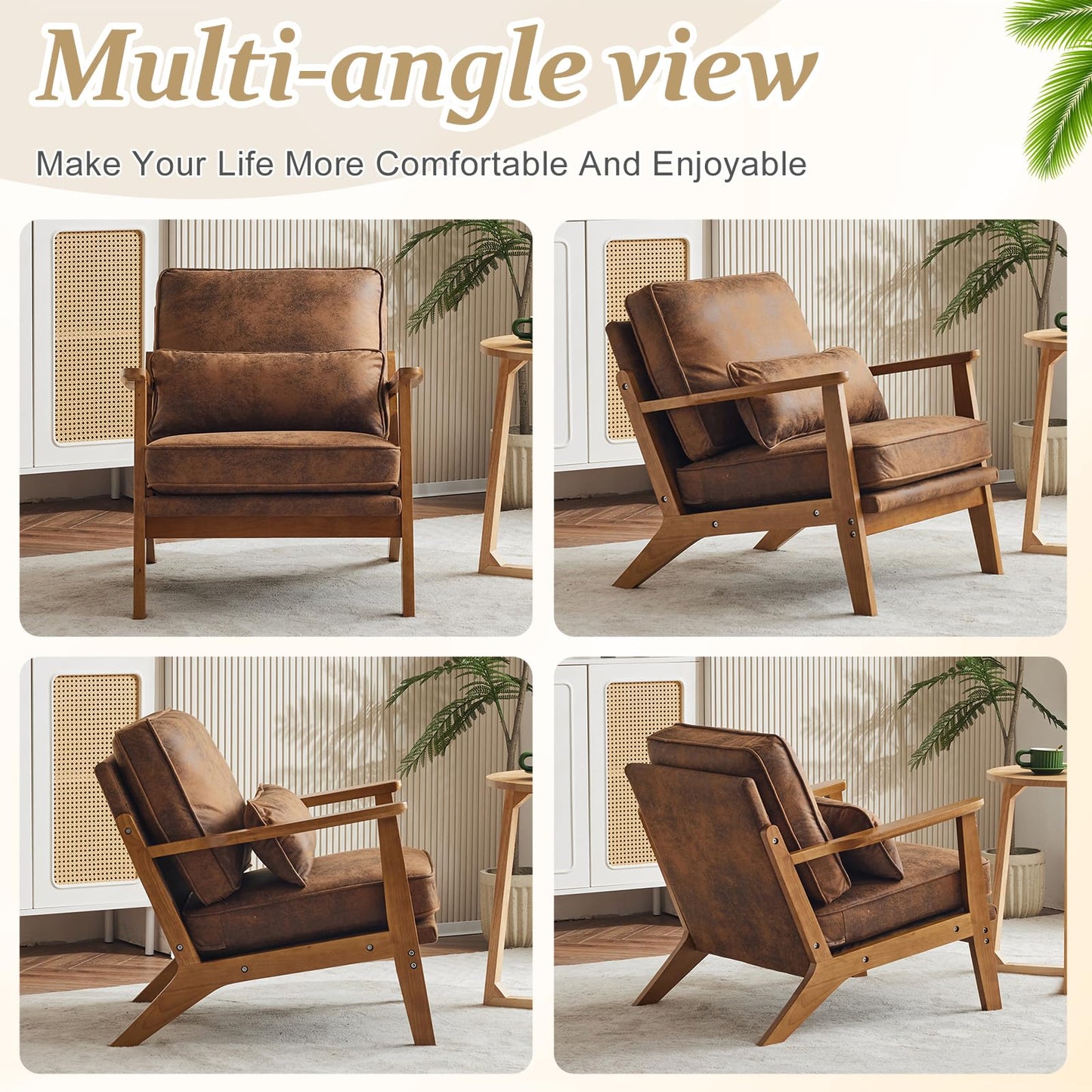 VINGLI Solid Wood Wide Armrests Accent Chair,Upholstered Mid Century Modern Chair with Pillow,Comfy Reading Chair Farmhouse Arm Chair,Chairs Living Room,Bedroom,Guest Room,Teddy Fleece,Khaki