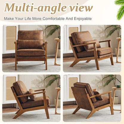 VINGLI Solid Wood Wide Armrests Accent Chair,Upholstered Mid Century Modern Chair with Pillow,Comfy Reading Chair Farmhouse Arm Chair,Chairs Living Room,Bedroom,Guest Room,Teddy Fleece,Khaki
