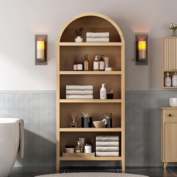 5 Tier Arched Bookshelf Set of 2, 71" Tall Bookcase with Adjustable Shelves Wood Storage Cabinet Freestanding Display Kitchen Pantry for Living Room Bedroom Home Office, Natural Oak