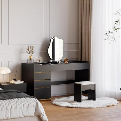 homary Vanity Desk with LED Mirror, Makeup Vanity with Power Outlet and Tempered Glass Top, Makeup Table with 6 Drawers, 3 Lighting Modes Vanity Table with Chair for Bedroom