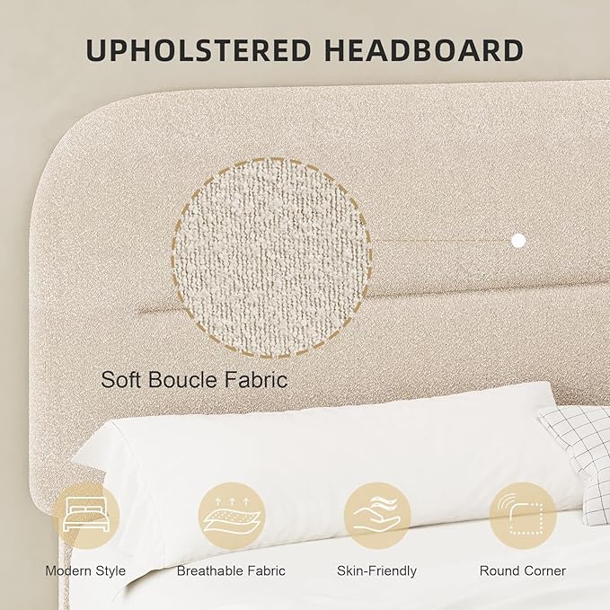 Full Size Boucle Bed Frame, Upholstered Cloud Bed with Headboard Soft,Modern Style/Thickened Footboard/Rounded Corners Design/No Box Spring Required/Easy Assembly, Beige