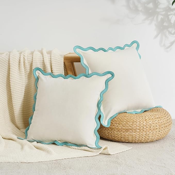 MONDAY MOOSE Decorative Throw Pillow Covers Cushion Cases, Set of 2 Soft Velvet Scalloped Wavy Edge Designs, Mix and Match for Home Decor, Pillow Inserts Not Included (White/Light Blue, 20x20 inch)