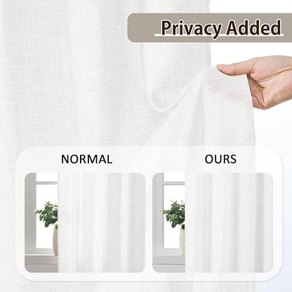 White Linen Pinch Pleated Semi Sheer Curtains 2 Panels 45 Inches Long, Back Tab with Hooks, Window Treatment Curtains for Bedroom Cabin 42 Inch Wide