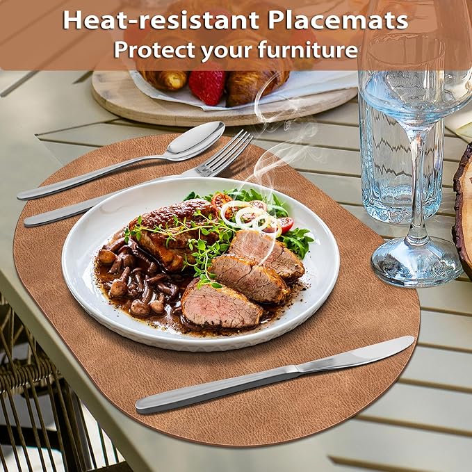 ADRIMER Placemats, Heat Resistant Oval Placemats Set of 4 Washable 12 x 17 Inch, Waterproof Table Mats, Wipeable Pu Place Mats for Kitchen, Dining Room, Sandy Light Brown