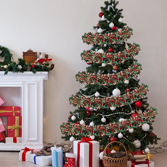 50 Feet Green Red Christmas Tinsel Garland Christmas Decorations for Xmas Tree Decor Metallic Twist Shiny Hanging Garlands for Tree Mantel Stairs Fireplace Home Indoor Outdoor Holiday Party Supplies